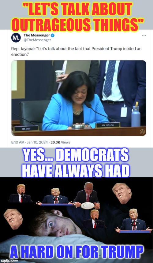 Rep. Jayapal:  "President Trump incited an erection.", Yes... they have only one thing on their "minds" | "LET'S TALK ABOUT OUTRAGEOUS THINGS"; YES... DEMOCRATS HAVE ALWAYS HAD; A HARD ON FOR TRUMP | image tagged in extreme tds,president trump,incited,an erection,according to rep jayapal | made w/ Imgflip meme maker