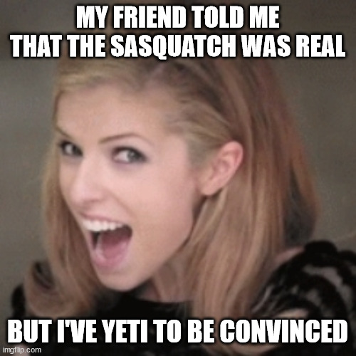 Anna kendrick | MY FRIEND TOLD ME THAT THE SASQUATCH WAS REAL BUT I'VE YETI TO BE CONVINCED | image tagged in anna kendrick | made w/ Imgflip meme maker