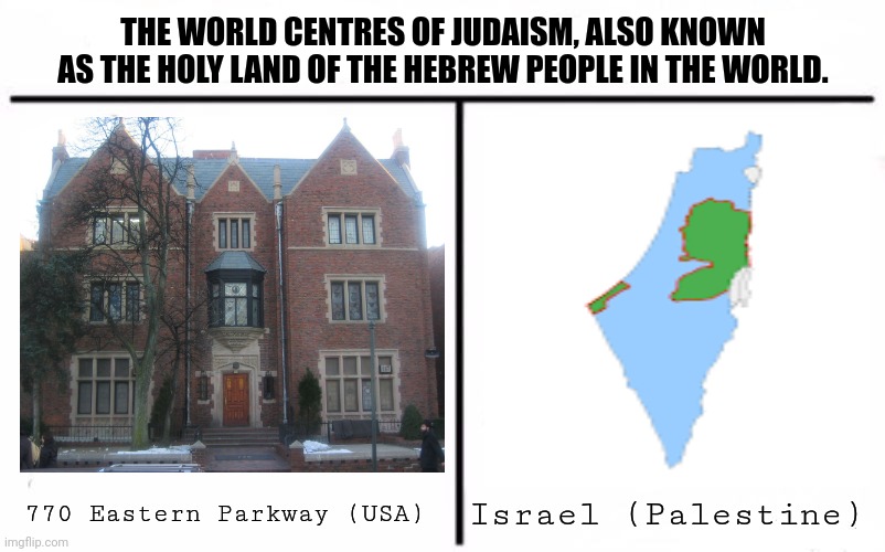 Who Would Win Blank | THE WORLD CENTRES OF JUDAISM, ALSO KNOWN AS THE HOLY LAND OF THE HEBREW PEOPLE IN THE WORLD. Israel (Palestine); 770 Eastern Parkway (USA) | image tagged in memes,jews,world | made w/ Imgflip meme maker