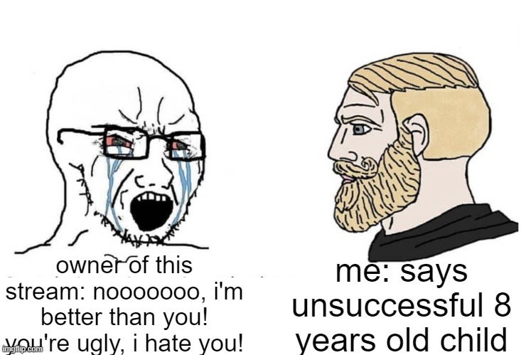 This stream's owner vs me | me: says unsuccessful 8 years old child; owner of this stream: nooooooo, i'm better than you! you're ugly, i hate you! | image tagged in soyboy vs yes chad | made w/ Imgflip meme maker