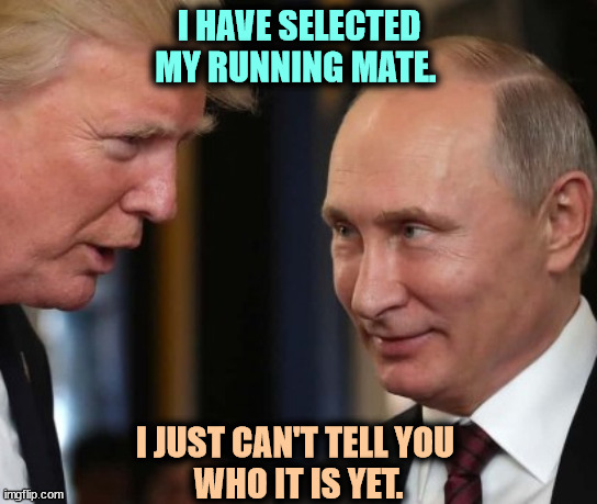 Aw, c'mon Donnie. You can tell us. | I HAVE SELECTED MY RUNNING MATE. I JUST CAN'T TELL YOU 
WHO IT IS YET. | image tagged in trump,vice president,putin | made w/ Imgflip meme maker
