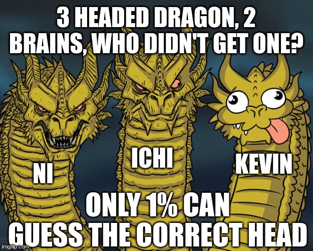 Three-headed Dragon | 3 HEADED DRAGON, 2 BRAINS, WHO DIDN'T GET ONE? ICHI; KEVIN; NI; ONLY 1% CAN GUESS THE CORRECT HEAD | image tagged in three-headed dragon | made w/ Imgflip meme maker