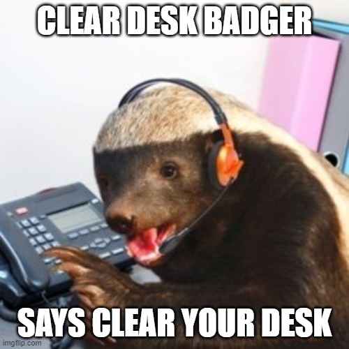 Clear desk badger says | CLEAR DESK BADGER; SAYS CLEAR YOUR DESK | image tagged in honey badger | made w/ Imgflip meme maker
