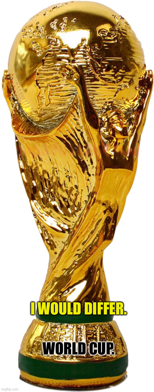Fifa world cup trophy | WORLD CUP. I WOULD DIFFER. | image tagged in fifa world cup trophy | made w/ Imgflip meme maker
