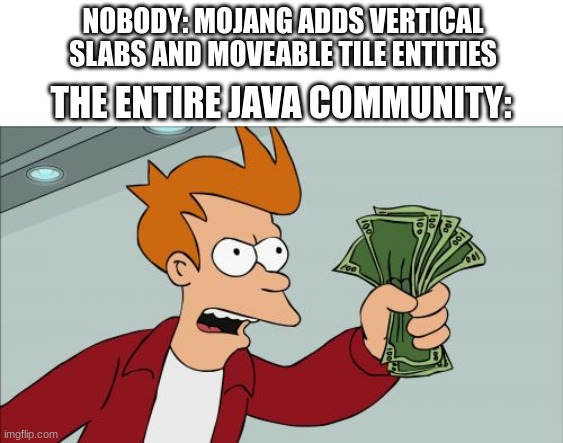clever title | NOBODY: MOJANG ADDS VERTICAL SLABS AND MOVEABLE TILE ENTITIES; THE ENTIRE JAVA COMMUNITY: | image tagged in memes,shut up and take my money fry | made w/ Imgflip meme maker
