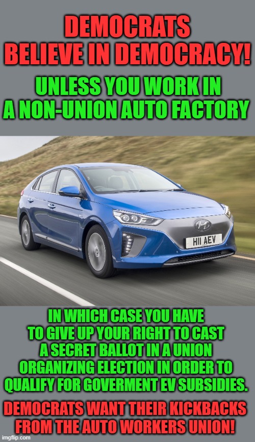 yep | DEMOCRATS BELIEVE IN DEMOCRACY! UNLESS YOU WORK IN A NON-UNION AUTO FACTORY; IN WHICH CASE YOU HAVE TO GIVE UP YOUR RIGHT TO CAST A SECRET BALLOT IN A UNION ORGANIZING ELECTION IN ORDER TO QUALIFY FOR GOVERMENT EV SUBSIDIES. DEMOCRATS WANT THEIR KICKBACKS FROM THE AUTO WORKERS UNION! | image tagged in democrats | made w/ Imgflip meme maker