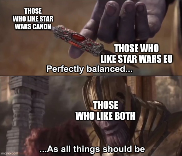 Perfectly Balanced | THOSE WHO LIKE STAR WARS CANON; THOSE WHO LIKE STAR WARS EU; THOSE WHO LIKE BOTH | image tagged in thanos perfectly balanced as all things should be | made w/ Imgflip meme maker