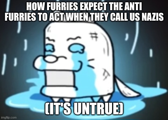 furries be like | HOW FURRIES EXPECT THE ANTI FURRIES TO ACT WHEN THEY CALL US NAZIS; (IT'S UNTRUE) | image tagged in sad doge | made w/ Imgflip meme maker