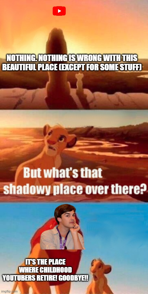 Bye forever | NOTHING. NOTHING IS WRONG WITH THIS BEAUTIFUL PLACE (EXCEPT FOR SOME STUFF); IT'S THE PLACE WHERE CHILDHOOD YOUTUBERS RETIRE! GOODBYE!! | image tagged in memes,simba shadowy place | made w/ Imgflip meme maker