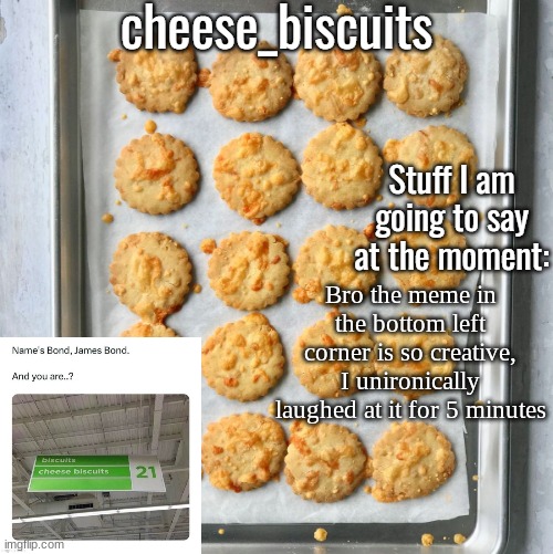 cheese_biscuits | Bro the meme in the bottom left corner is so creative, I unironically laughed at it for 5 minutes | image tagged in cheese_biscuits | made w/ Imgflip meme maker