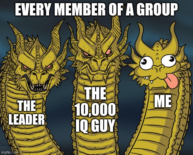 Every member of a group | EVERY MEMBER OF A GROUP; THE 10,000 IQ GUY; ME; THE LEADER | image tagged in three-headed dragon | made w/ Imgflip meme maker