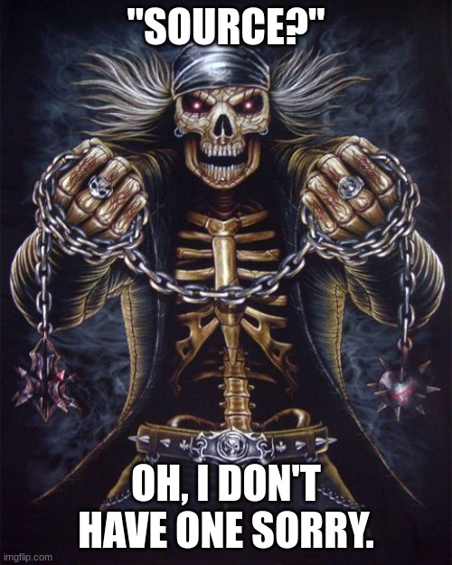 Badass Skeleton | "SOURCE?"; OH, I DON'T HAVE ONE SORRY. | image tagged in badass skeleton | made w/ Imgflip meme maker