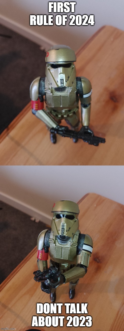 Shoretrooper looks at you | FIRST RULE OF 2024; DONT TALK ABOUT 2023 | image tagged in shoretrooper looks at you | made w/ Imgflip meme maker