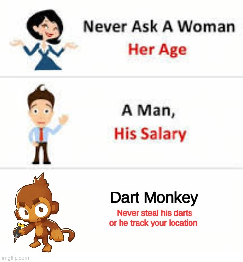 Never ask a woman her age | Dart Monkey; Never steal his darts or he track your location | image tagged in never ask a woman her age | made w/ Imgflip meme maker