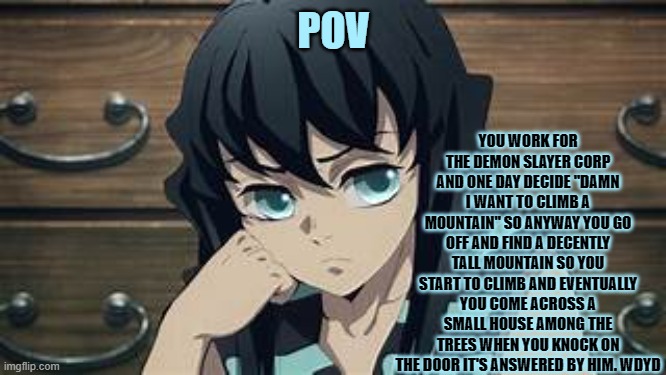 this is an au where muichiro is older than yuichiro and mui has already joined the corp | YOU WORK FOR THE DEMON SLAYER CORP AND ONE DAY DECIDE "DAMN I WANT TO CLIMB A MOUNTAIN" SO ANYWAY YOU GO OFF AND FIND A DECENTLY TALL MOUNTAIN SO YOU START TO CLIMB AND EVENTUALLY YOU COME ACROSS A SMALL HOUSE AMONG THE TREES WHEN YOU KNOCK ON THE DOOR IT'S ANSWERED BY HIM. WDYD; POV | image tagged in yui | made w/ Imgflip meme maker