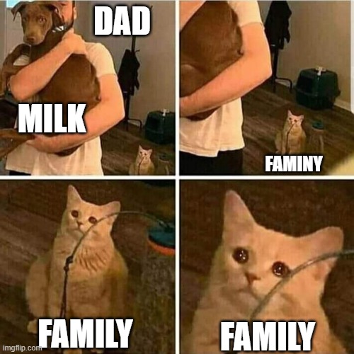 Y-you said you were coming back with the milk... | DAD; MILK; FAMINY; FAMILY; FAMILY | image tagged in sad cat holding dog,milk,dad,funny,memes,this tag is not important | made w/ Imgflip meme maker