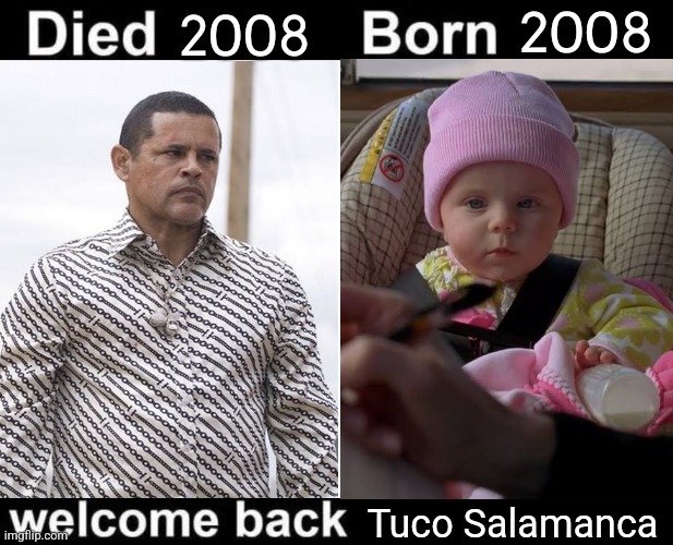 Breaking Bad meme | 2008; 2008; Tuco Salamanca | image tagged in born died welcome back | made w/ Imgflip meme maker
