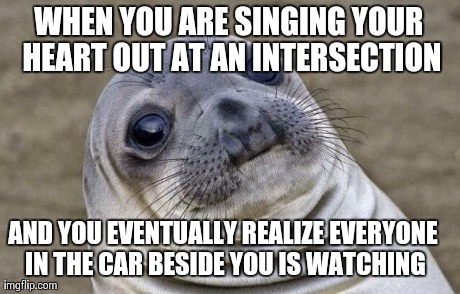 Awkward Moment Sealion | WHEN YOU ARE SINGING YOUR HEART OUT AT AN INTERSECTION AND YOU EVENTUALLY REALIZE EVERYONE IN THE CAR BESIDE YOU IS WATCHING | image tagged in awkward sealion,AdviceAnimals | made w/ Imgflip meme maker