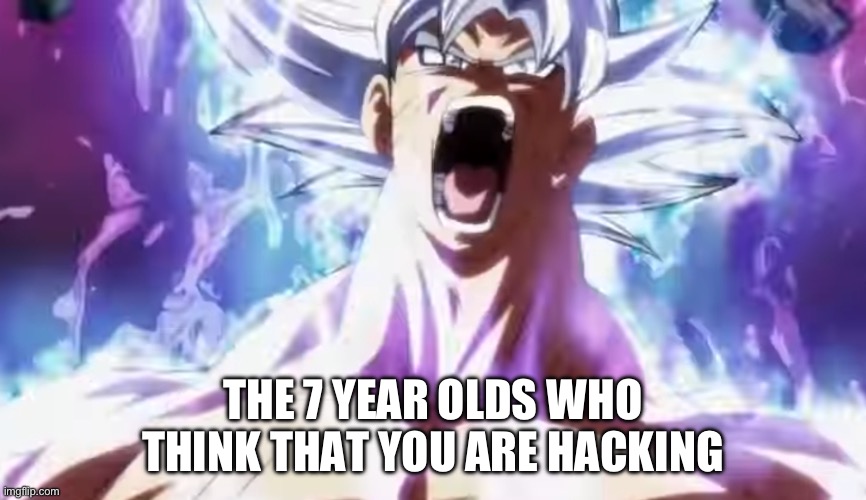 Pissed Off Goku | THE 7 YEAR OLDS WHO THINK THAT YOU ARE HACKING | image tagged in pissed off goku | made w/ Imgflip meme maker