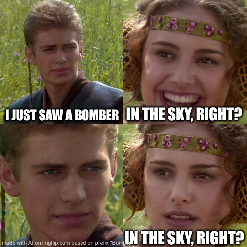 Anakin Padme 4 Panel | I JUST SAW A BOMBER; IN THE SKY, RIGHT? IN THE SKY, RIGHT? | image tagged in anakin padme 4 panel | made w/ Imgflip meme maker