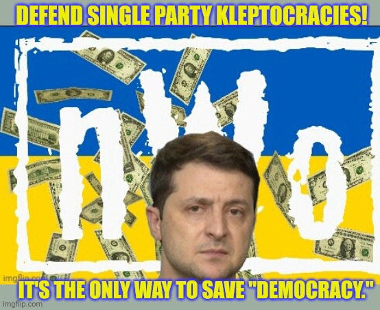 Defend "democracy" wink wink | DEFEND SINGLE PARTY KLEPTOCRACIES! IT'S THE ONLY WAY TO SAVE "DEMOCRACY." | image tagged in nwo ukraine zelensky,this is,definitely not,a massive,grift | made w/ Imgflip meme maker