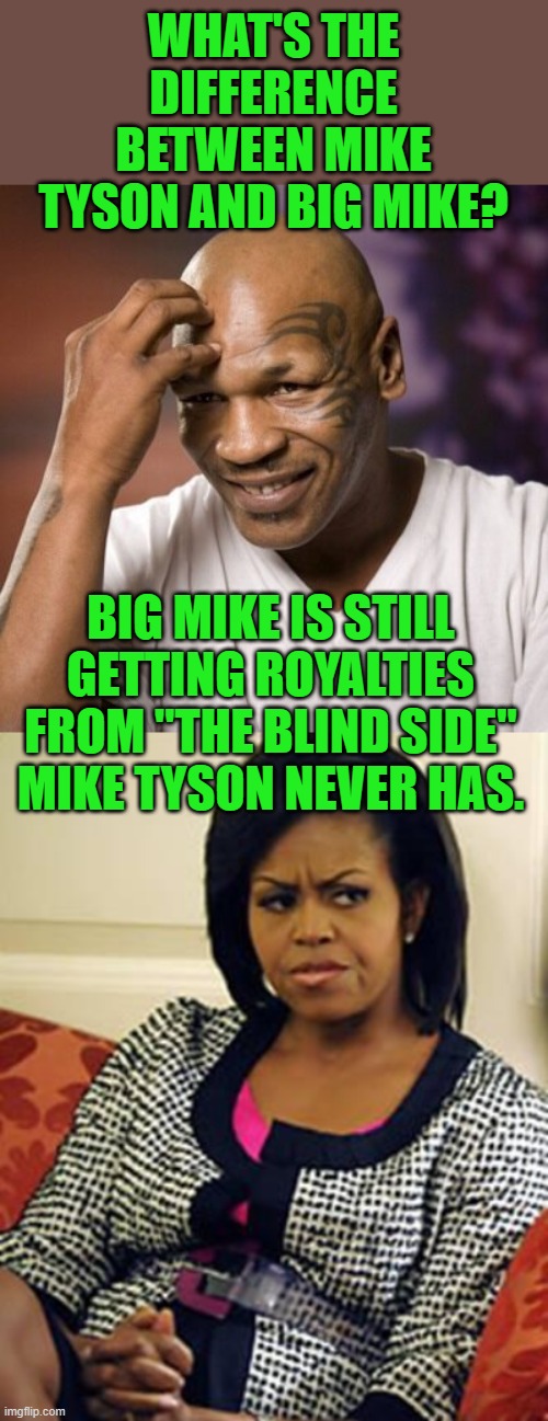 yep | WHAT'S THE DIFFERENCE BETWEEN MIKE TYSON AND BIG MIKE? BIG MIKE IS STILL GETTING ROYALTIES FROM "THE BLIND SIDE" MIKE TYSON NEVER HAS. | image tagged in mike tyson,michelle obama is not pleased | made w/ Imgflip meme maker