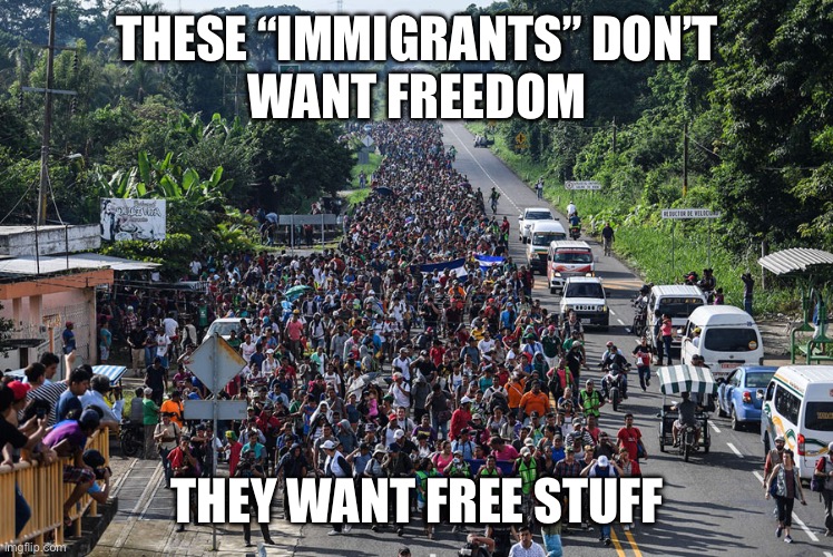 They don’t want freedom, they want free shit. | THESE “IMMIGRANTS” DON’T
WANT FREEDOM; THEY WANT FREE STUFF | image tagged in immigrant caravan | made w/ Imgflip meme maker