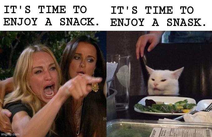 Woman Yelling At Cat Meme | IT'S TIME TO ENJOY A SNACK. IT'S TIME TO ENJOY A SNASK. | image tagged in memes,woman yelling at cat | made w/ Imgflip meme maker