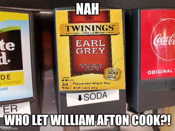 What did he do to the soda fountain | NAH; WHO LET WILLIAM AFTON COOK?! | image tagged in fnaf,five nights at freddy's,oh wow are you actually reading these tags | made w/ Imgflip meme maker