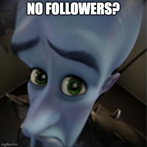 Megamind peeking | NO FOLLOWERS? | image tagged in megamind peeking | made w/ Imgflip meme maker