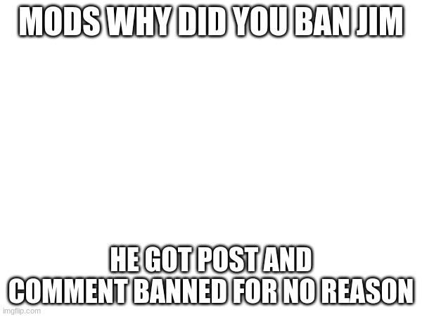I have him on memechat so thats how i know. | MODS WHY DID YOU BAN JIM; HE GOT POST AND COMMENT BANNED FOR NO REASON | made w/ Imgflip meme maker