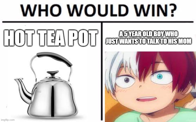 Who would win | HOT TEA POT; A 5 YEAR OLD BOY WHO JUST WANTS TO TALK TO HIS MOM | image tagged in memes,who would win | made w/ Imgflip meme maker