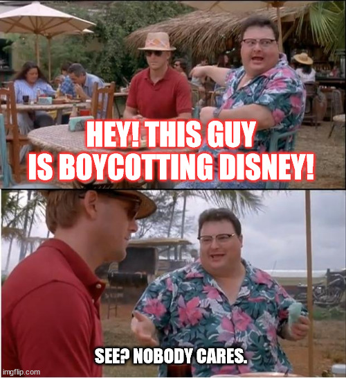 Boycotting Disney | HEY! THIS GUY IS BOYCOTTING DISNEY! SEE? NOBODY CARES. | image tagged in memes,see nobody cares | made w/ Imgflip meme maker