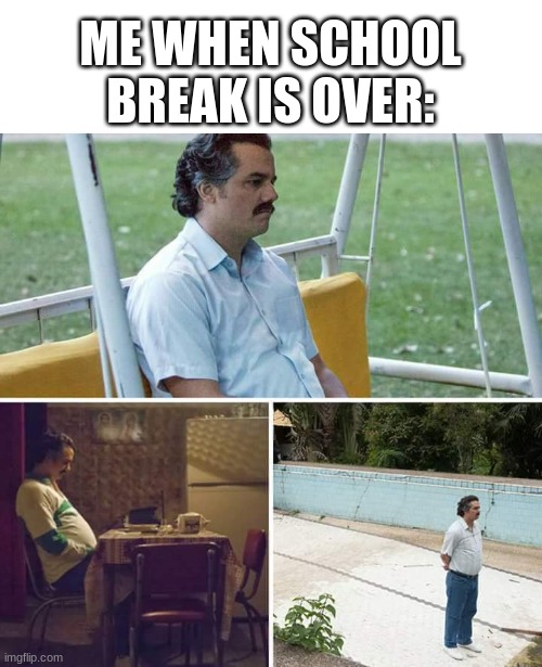 very sad :( | ME WHEN SCHOOL BREAK IS OVER: | image tagged in memes,sad pablo escobar,school,relatable,christmas,fun | made w/ Imgflip meme maker
