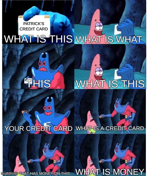 Patrick Star's Wallet | PATRICK'S CREDIT CARD; WHAT IS THIS; WHAT IS WHAT; THIS; WHAT IS THIS; YOUR CREDIT CARD; WHAT IS A CREDIT CARD; SOME  THAT HAS MONEY ON THIS; WHAT IS MONEY | image tagged in patrick star's wallet | made w/ Imgflip meme maker