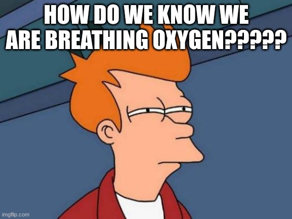 Futurama Fry Meme | HOW DO WE KNOW WE ARE BREATHING OXYGEN????? | image tagged in memes,futurama fry | made w/ Imgflip meme maker