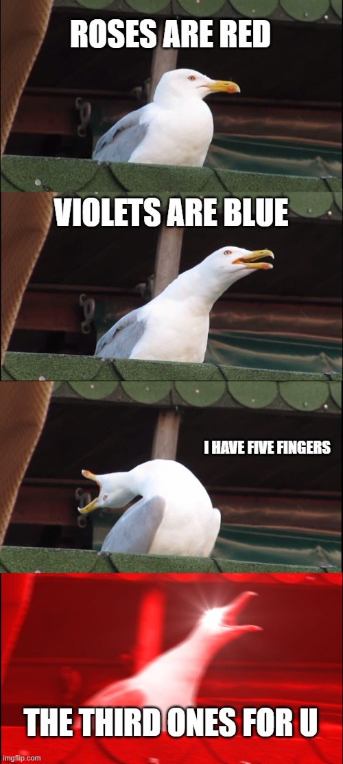 Inhaling Seagull | ROSES ARE RED; VIOLETS ARE BLUE; I HAVE FIVE FINGERS; THE THIRD ONES FOR U | image tagged in memes,inhaling seagull | made w/ Imgflip meme maker
