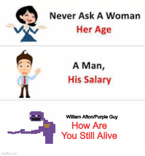 Image Title | William Afton/Purple Guy; How Are You Still Alive | image tagged in never ask a woman her age,purple guy,fnaf,msmg | made w/ Imgflip meme maker