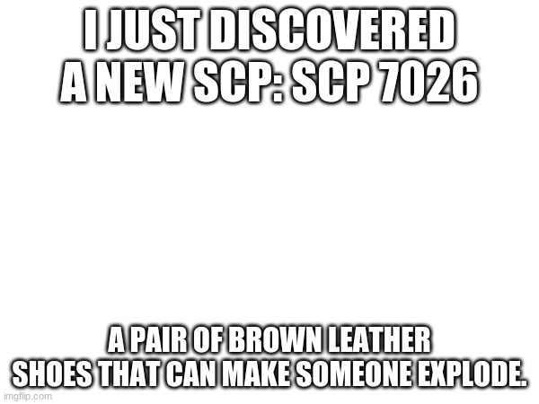 Shoe. | I JUST DISCOVERED A NEW SCP: SCP 7026; A PAIR OF BROWN LEATHER SHOES THAT CAN MAKE SOMEONE EXPLODE. | image tagged in scp,shoes | made w/ Imgflip meme maker