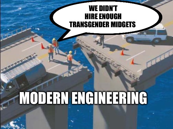 DEI | WE DIDN’T HIRE ENOUGH TRANSGENDER MIDGETS; MODERN ENGINEERING | image tagged in engineering bridge fail,diversity | made w/ Imgflip meme maker