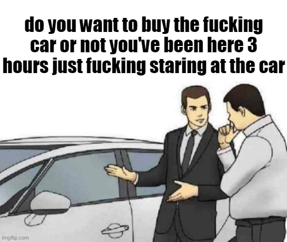 Car Salesman Slaps Roof Of Car | do you want to buy the fucking car or not you've been here 3 hours just fucking staring at the car | image tagged in memes,car salesman slaps roof of car | made w/ Imgflip meme maker