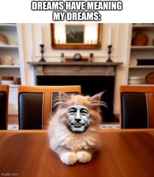 It was supposed to be Obama but oh well | DREAMS HAVE MEANING
MY DREAMS: | image tagged in a kitten with a man s face sitting on a table,cat,ai meme,cursed image,dreams,memes | made w/ Imgflip meme maker