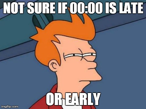 Futurama Fry | NOT SURE IF 00:00 IS LATE OR EARLY | image tagged in memes,futurama fry | made w/ Imgflip meme maker