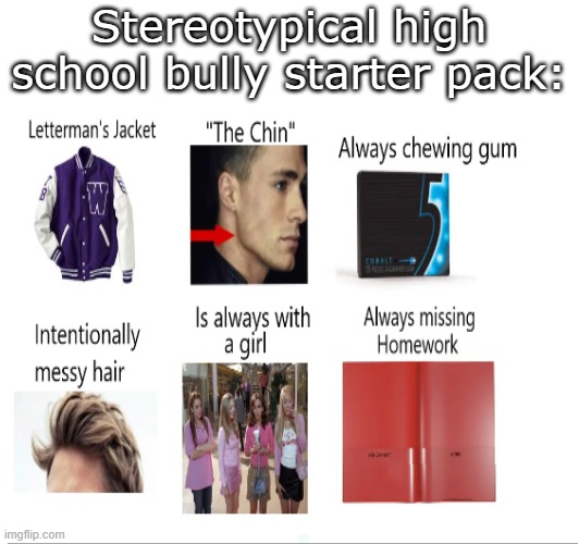 you know you're not getting alone with them if they look like this | Stereotypical high school bully starter pack: | image tagged in funny,memes,funny memes,high school | made w/ Imgflip meme maker