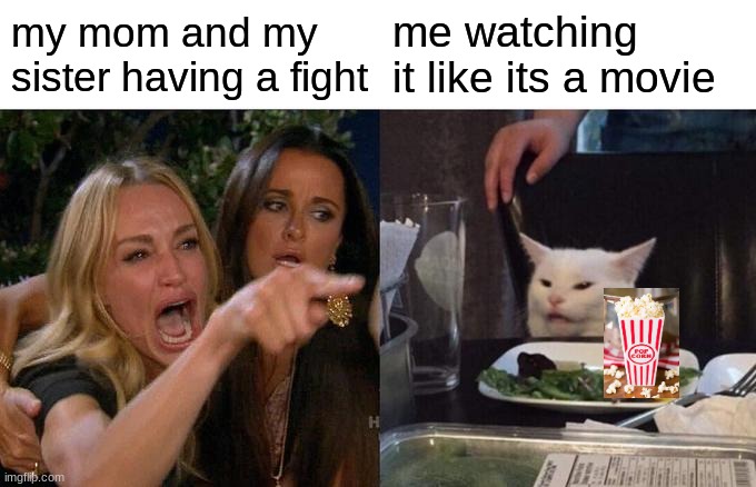 so true | my mom and my sister having a fight; me watching it like its a movie | image tagged in memes,woman yelling at cat | made w/ Imgflip meme maker