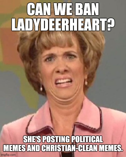 The only things she's posting is it | CAN WE BAN LADYDEERHEART? SHE'S POSTING POLITICAL MEMES AND CHRISTIAN-CLEAN MEMES. | image tagged in that face you make when ugh | made w/ Imgflip meme maker