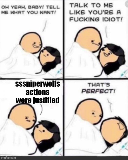 Talk to me like a Idiot | sssniperwolfs actions were justified | image tagged in talk to me like a idiot | made w/ Imgflip meme maker