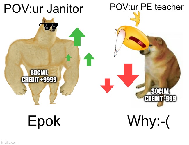 Buff Doge vs. Cheems | POV:ur Janitor; POV:ur PE teacher; SOCIAL CREDIT +9999; SOCIAL CREDIT -999; Epok; Why:-( | image tagged in memes,buff doge vs cheems | made w/ Imgflip meme maker