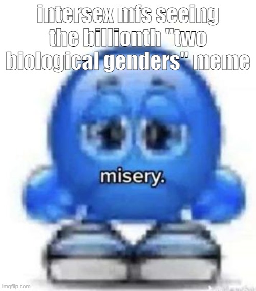 "gender whats in you pants" mfs with neither or both: | intersex mfs seeing the billionth "two biological genders" meme | image tagged in misery | made w/ Imgflip meme maker