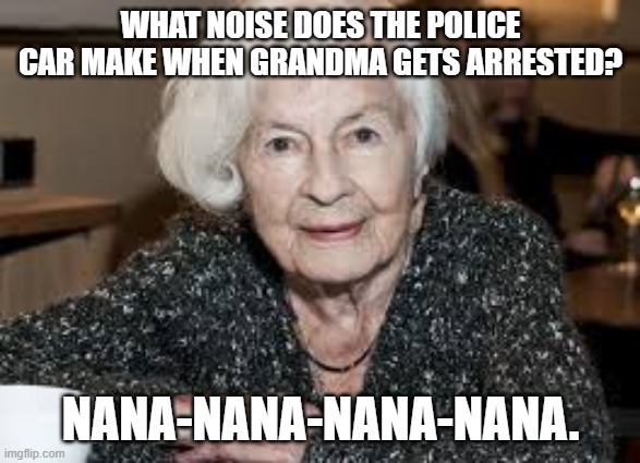 Grandmother | WHAT NOISE DOES THE POLICE CAR MAKE WHEN GRANDMA GETS ARRESTED? NANA-NANA-NANA-NANA. | image tagged in grandmother | made w/ Imgflip meme maker